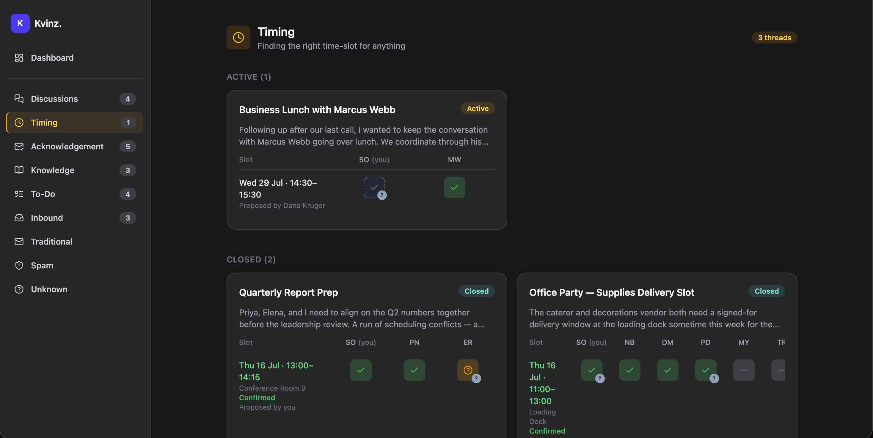 Kvinz. Dashboard – E-Mails direkt im Prozess, mit Threads, Terminabstimmung und Status auf einen Blick